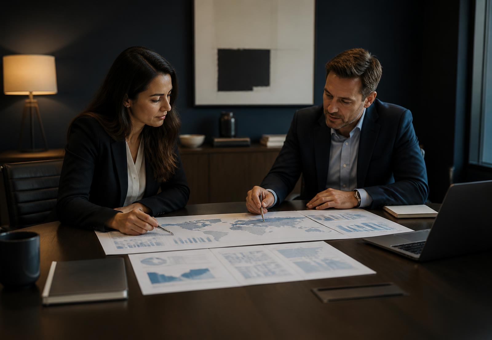 Advisors reviewing retail market maps in a boardroom