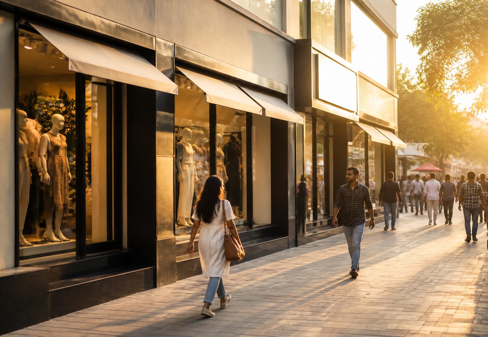 Indian high street with modern apparel storefronts at golden hour